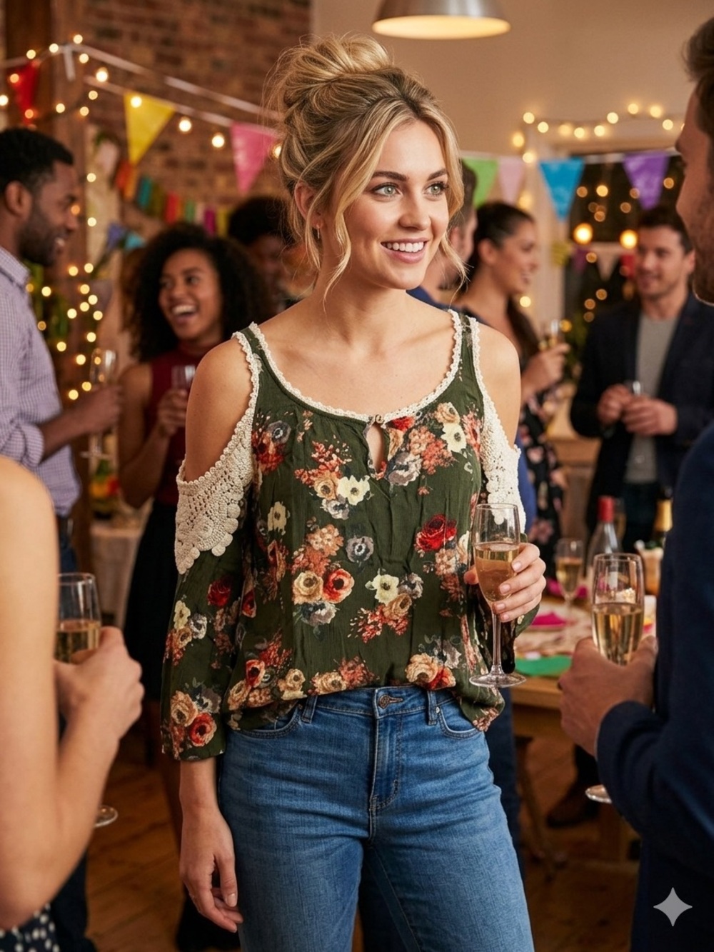 Olive Green Floral Cold-Shoulder Blouse with Crochet Trim